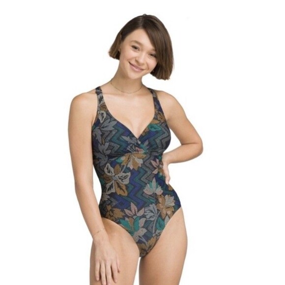 PrAna One Piece Swim Suit Built In Bra Adjustable Straps Sz 38D L - Picture 1 of 8